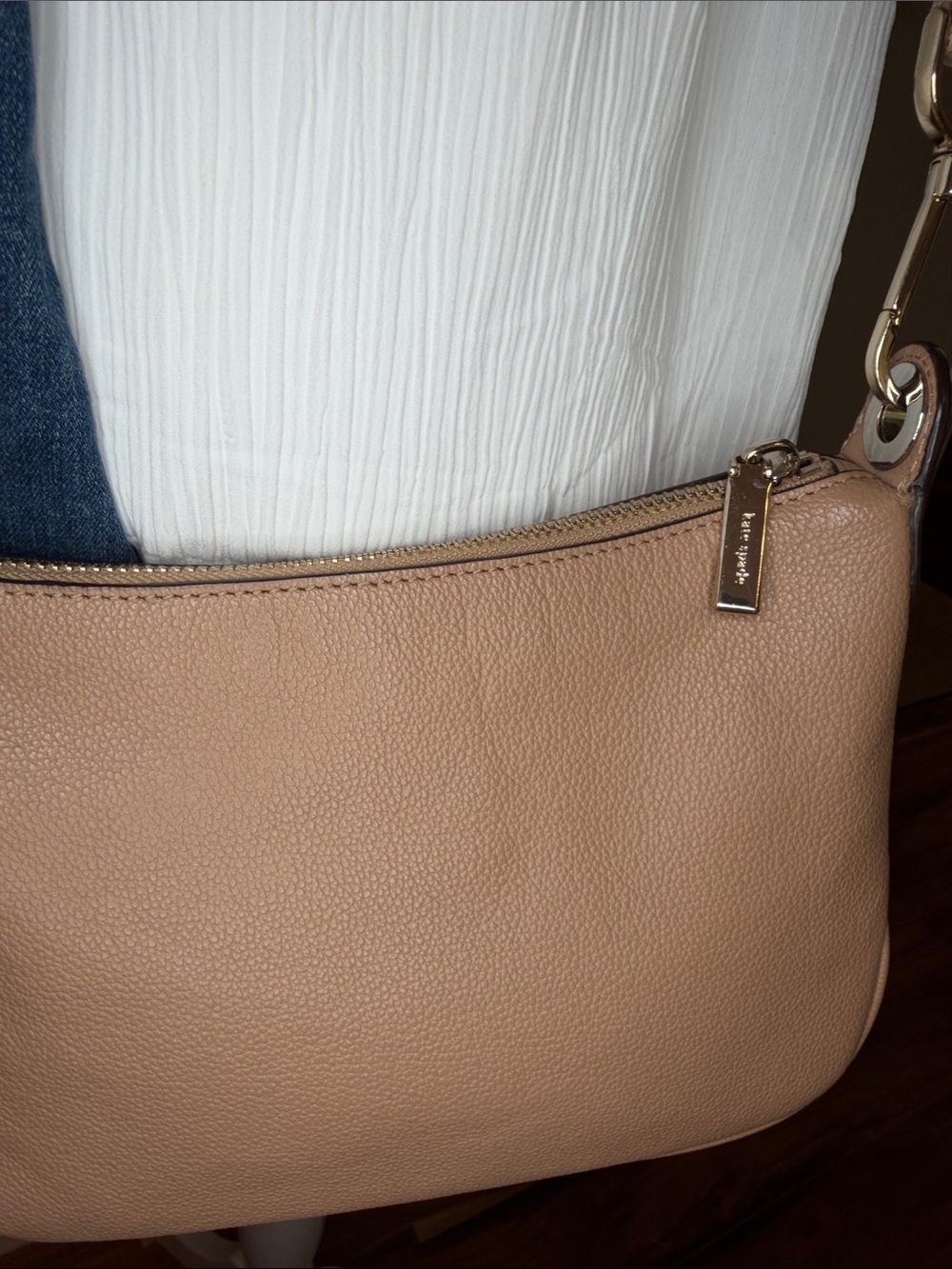 Kate Spade EUC tan pebble leather Crossbody bag W/ canvas adj stripe strap - Picture 13 of 16
